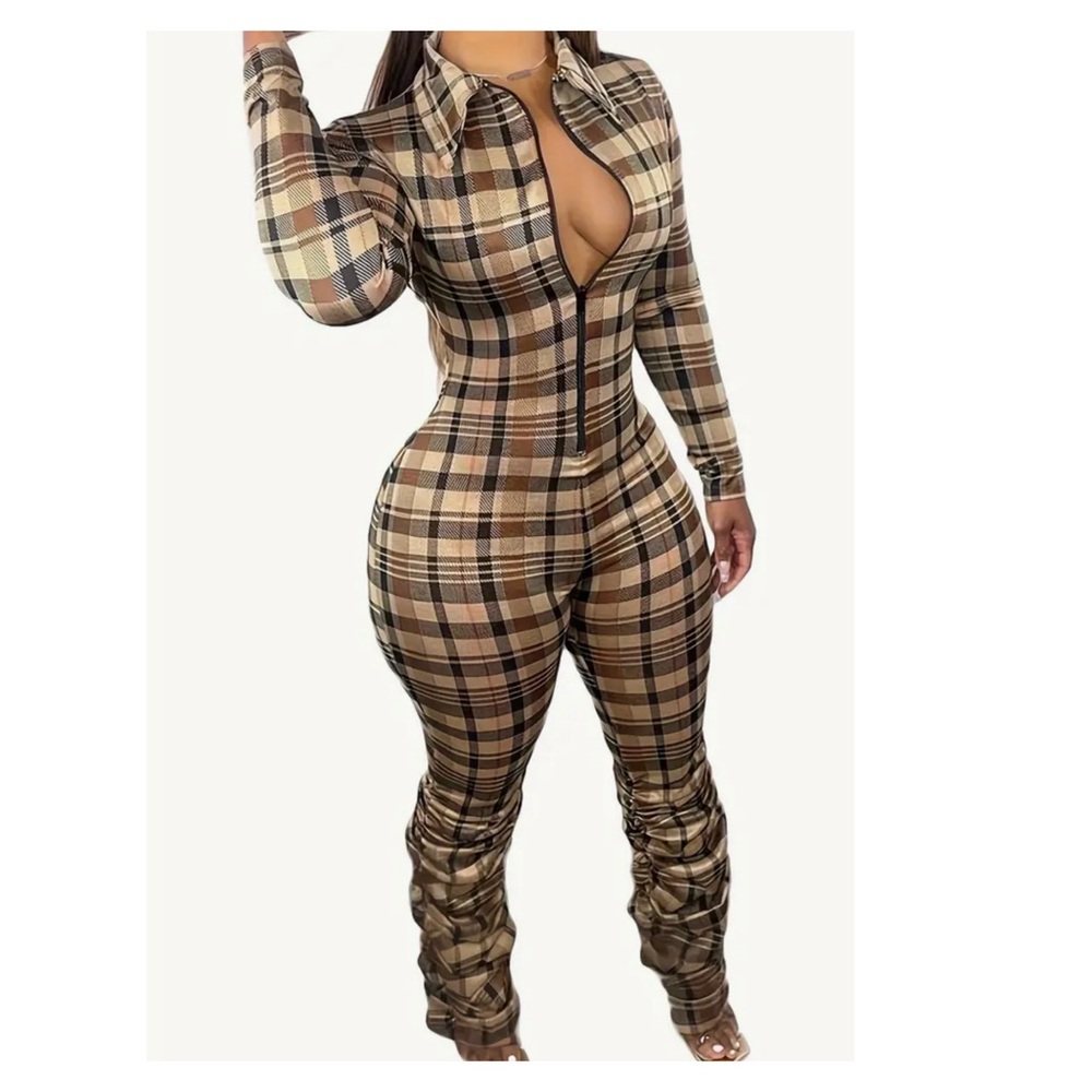 NWOT Plaid Long Sleeve Jumpsuit - Brown